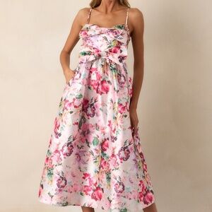 Red Dress Fleeting Fauna Pink Floral Midi Dress Size SS / Pink